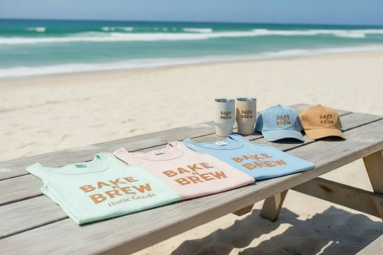 Bake & Brew products on a wooden bench by the beach